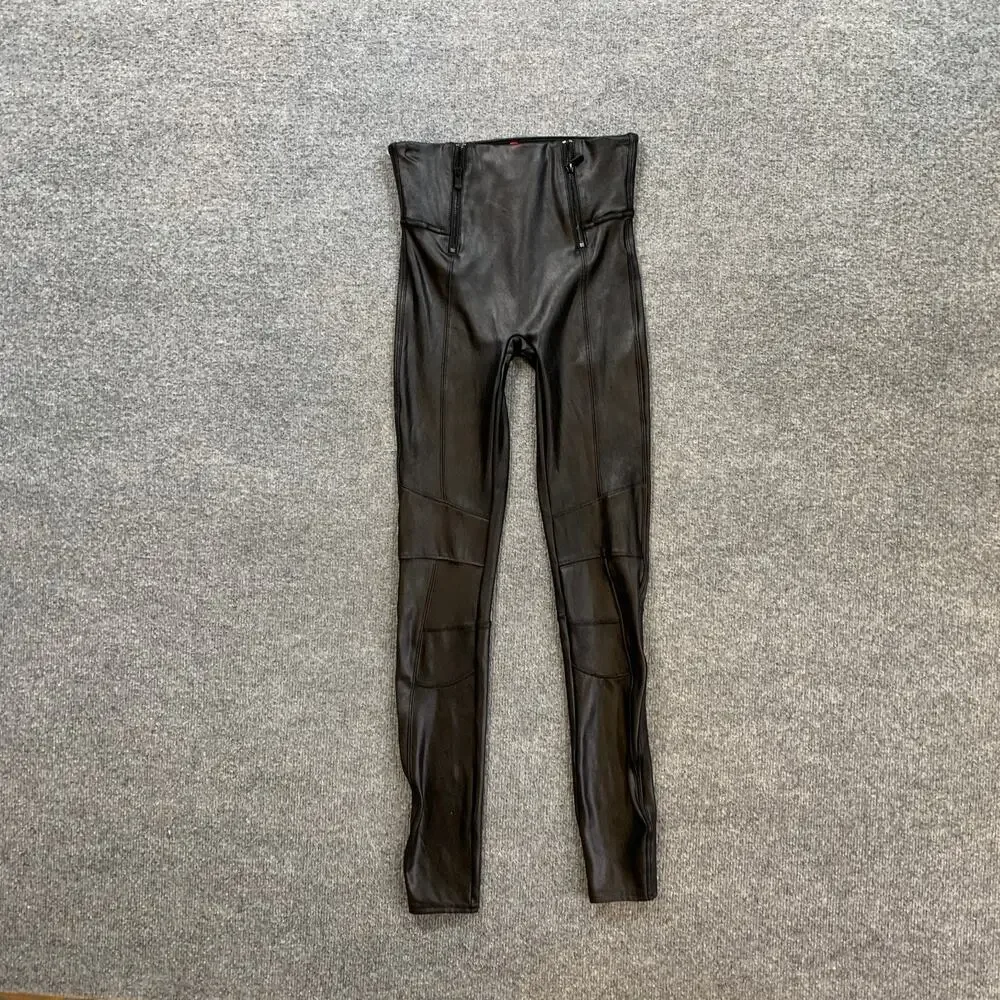Spanx Leggings Women S Small Black Hip-Zip Faux Leather Coated Paneled Stitching
